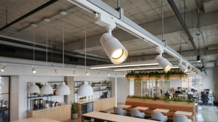 Modern ceiling rail spotlights illuminating a luxury conference room with adjustable track lighting system.
