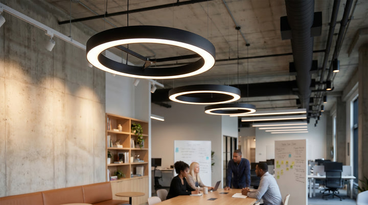 LED pendant ring ceiling light brings modern black design to offices with sleek adjustable brightness for comfortable workspaces.