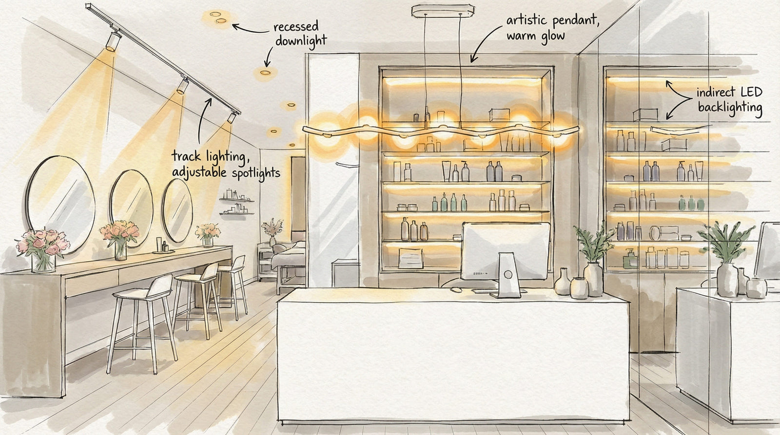 Wellness storefront with warm exterior lighting, helping judge facade brightness and entry comfort after dark