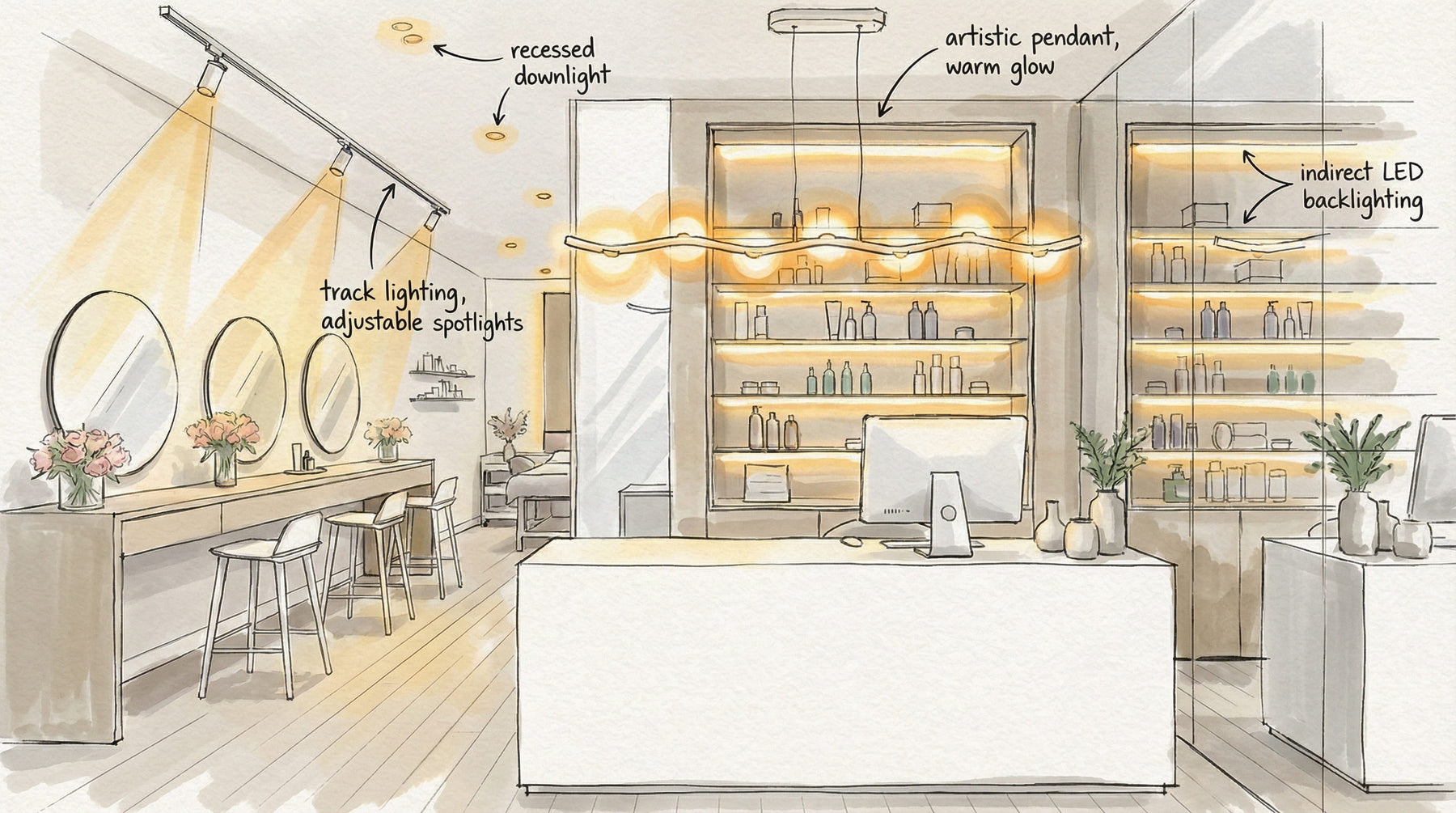 Wellness storefront with warm exterior lighting, helping judge facade brightness and entry comfort after dark