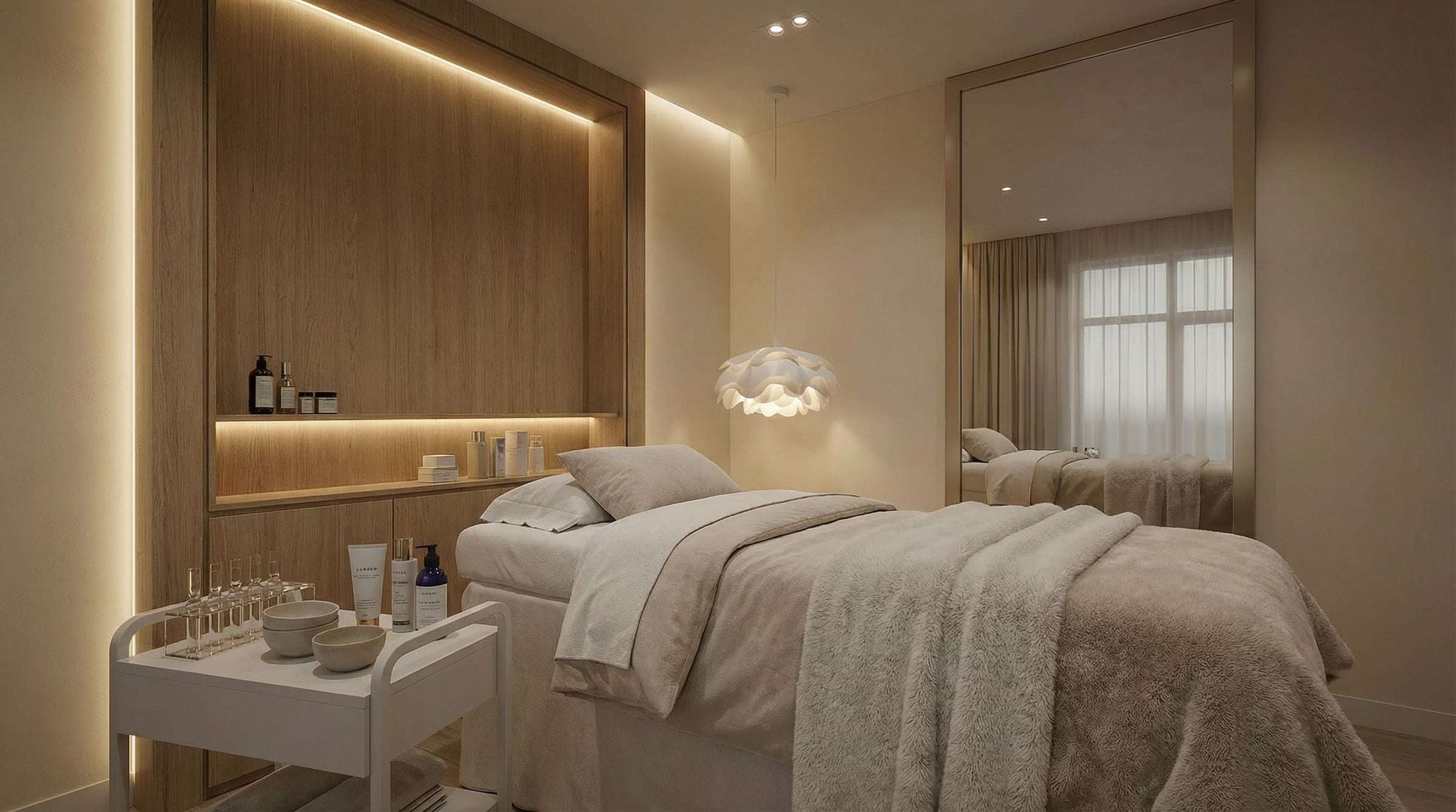 Nighttime storefront lighting for a spa, showing how exterior fixtures support safe approach and brand presence