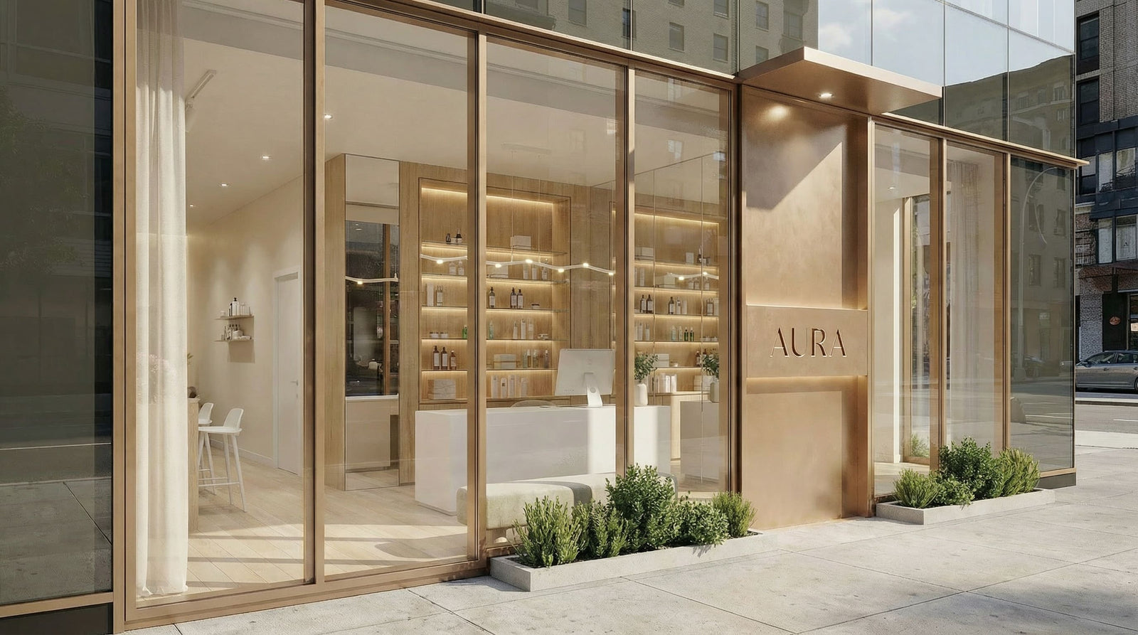 Commercial spa exterior with layered lighting, showing curb appeal for evening business hours