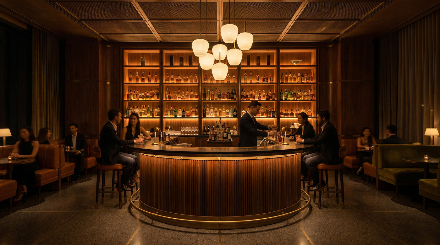 Warm café interior with decorative pendant lighting