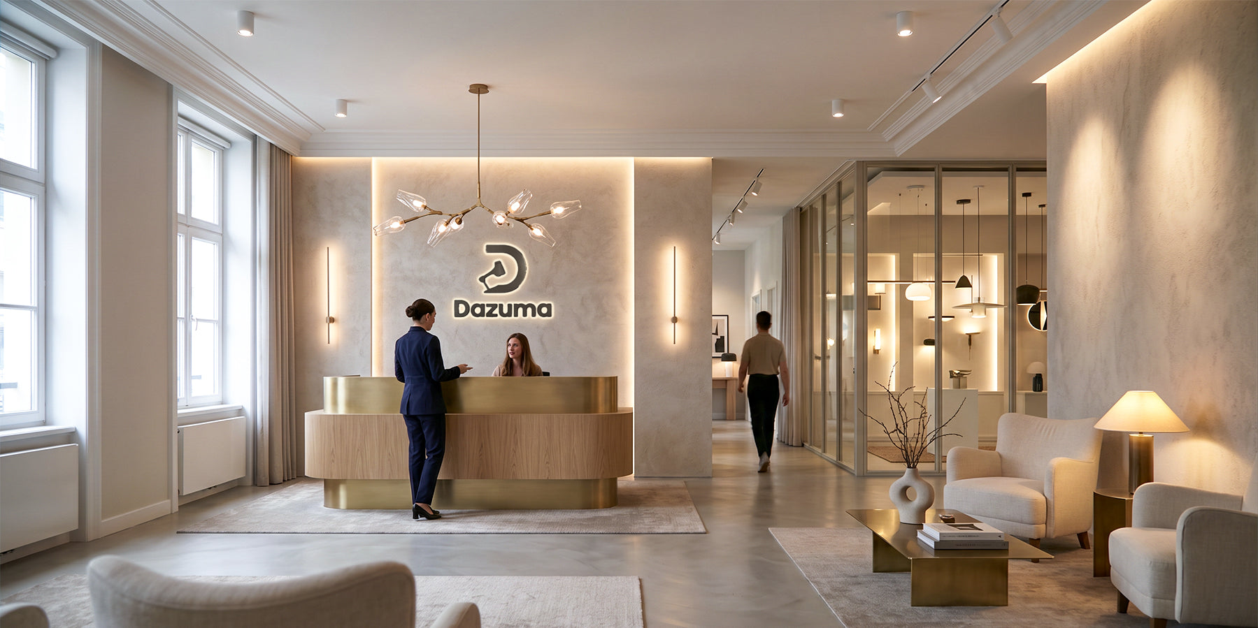 Modern corporate reception desk showcasing professional commercial lighting design with branch chandeliers, wall sconces, and ambient backlighting.