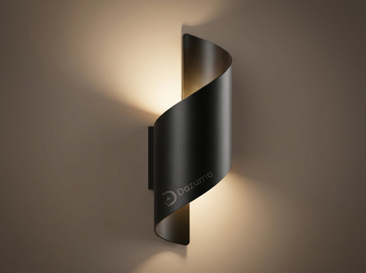 Elegant matte black wall lights by Dazuma featuring a modern spiral design that projects warm accent lighting.