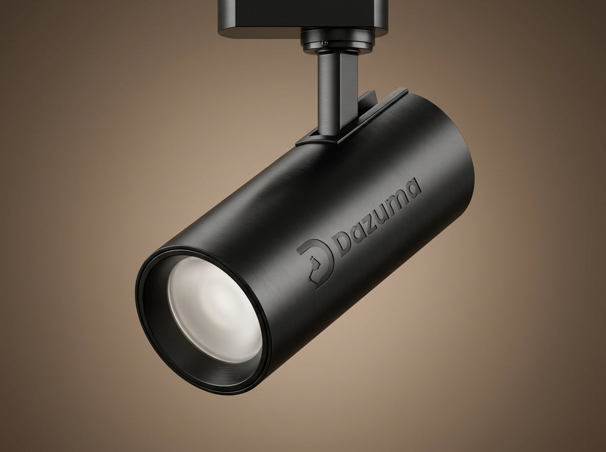 Close-up of a modern black track lighting head with the Dazuma logo, showcasing its sleek cylindrical design.