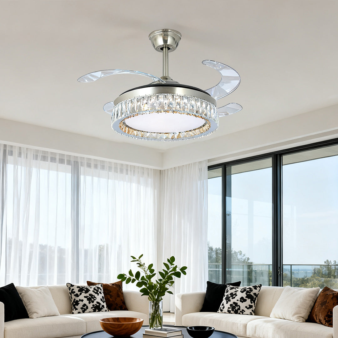 Dazzling crystal ceiling fan with light in a spacious room with high ceilings and large windows 