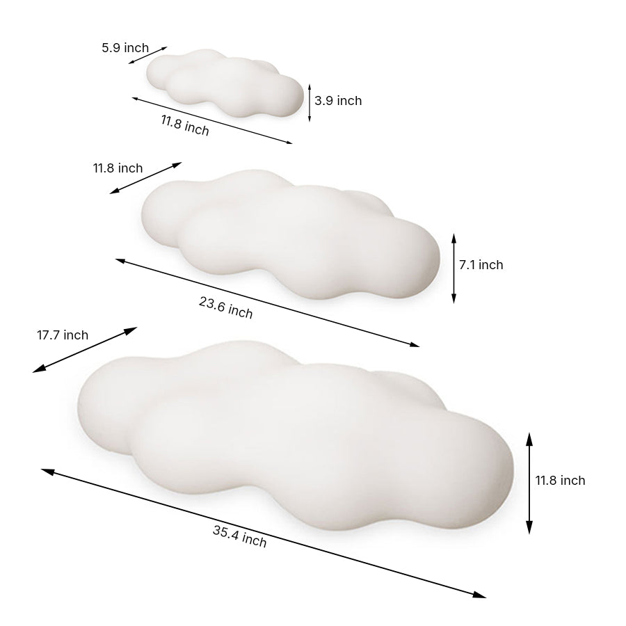 Technical specification drawing showing three sizes of cloud-shaped light fixtures with dimensions