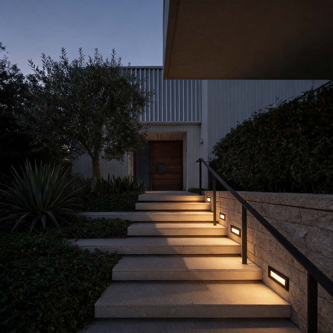 Deck lights for steps enhancing a modern outdoor staircase with ambient light.