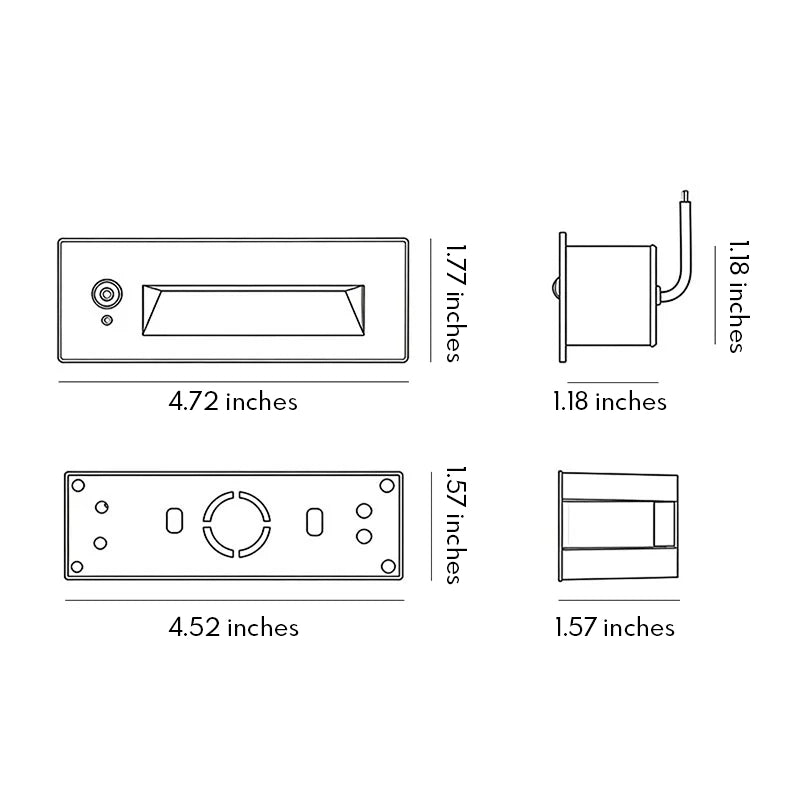 Deck lights for steps dimension drawing showing a recessed rectangular step light with a 4.72-inch width and 1.77-inch height.