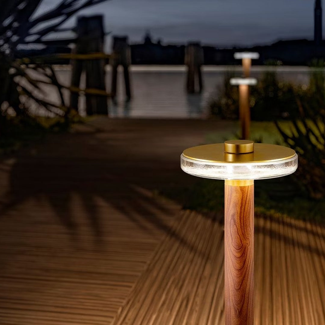 Modern landscape pathway lighting illuminating a wooden deck walkway near water during evening.