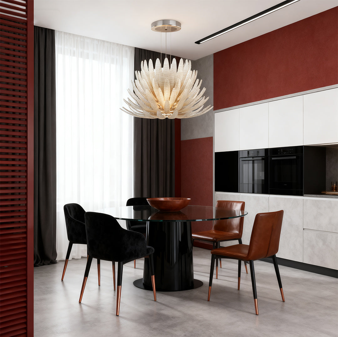 Luxury deco chandelier crafted from stainless steel and glass, delivering elegant art deco style and refined ambient lighting.