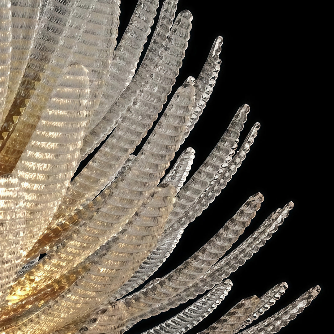 Close up of deco chandelier showing detailed glass craftsmanship.