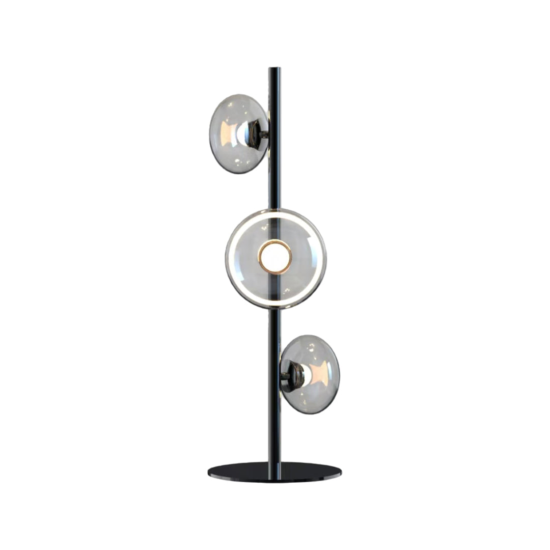 Decor floor lamp in black finish with multiple circular glass light elements on a vertical frame.