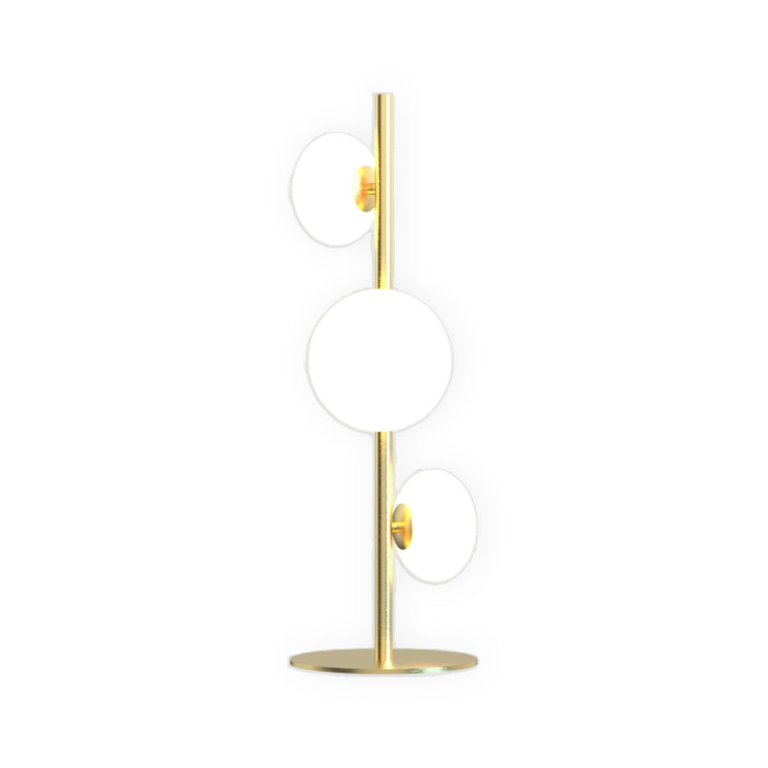 Decor floor lamp in gold finish with modern circular light elements in a sleek vertical layout.