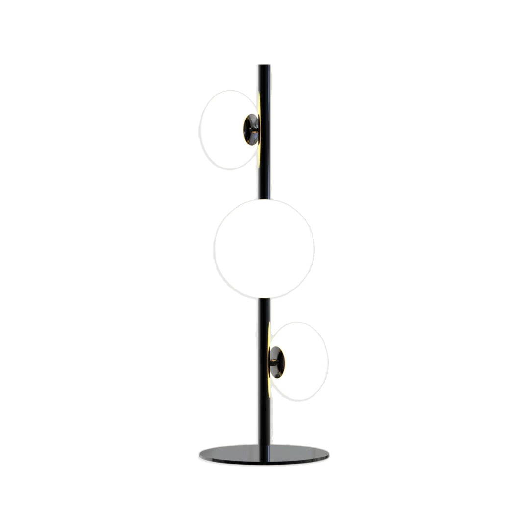 Decor floor lamp with minimalist disc design and frosted glass shades arranged vertically.