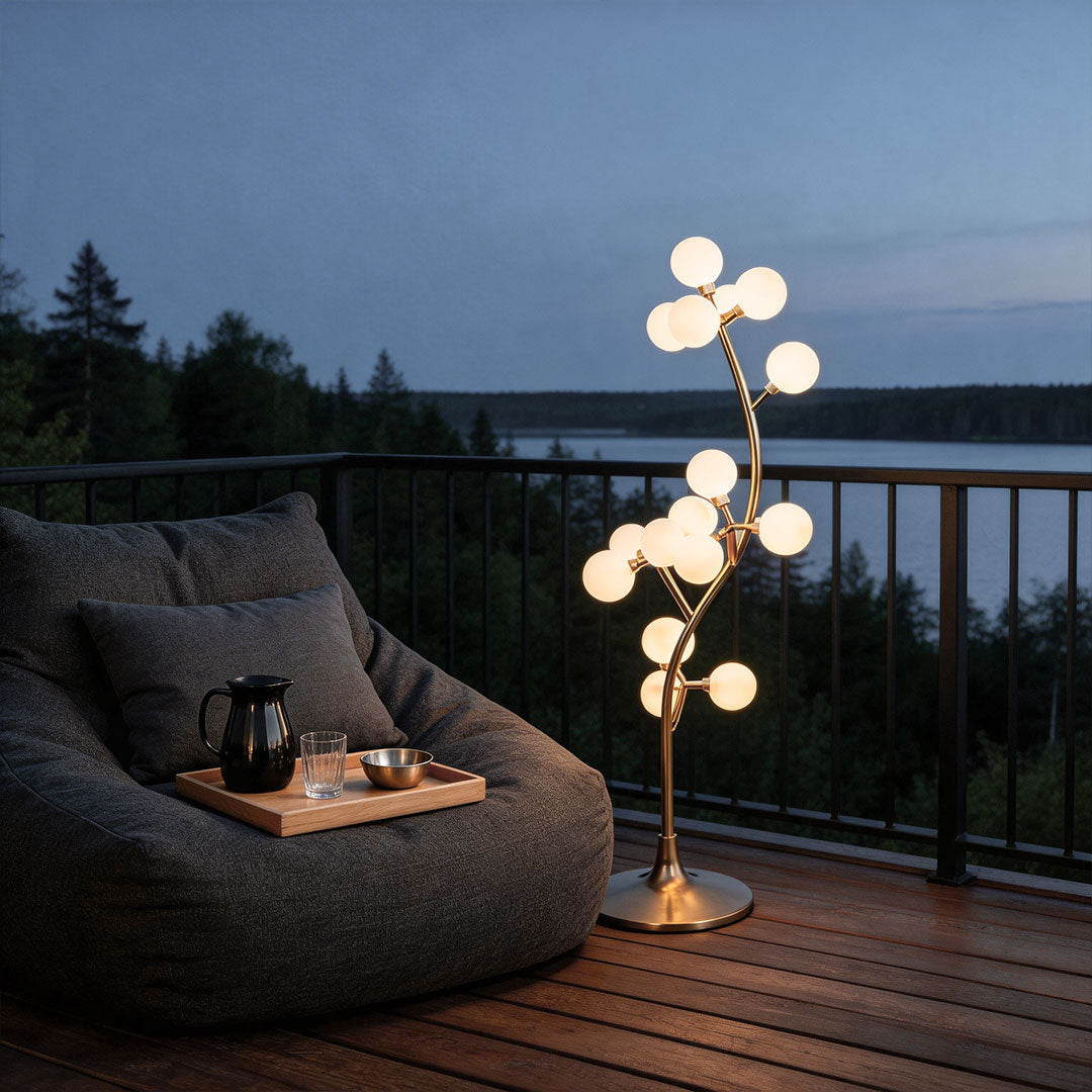 Decorate floor lamp with a modern tree design, featuring spherical lights on a balcony.