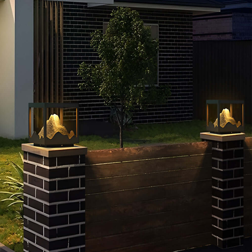Decorate pillar light enhancing a stylish outdoor area with warm light.