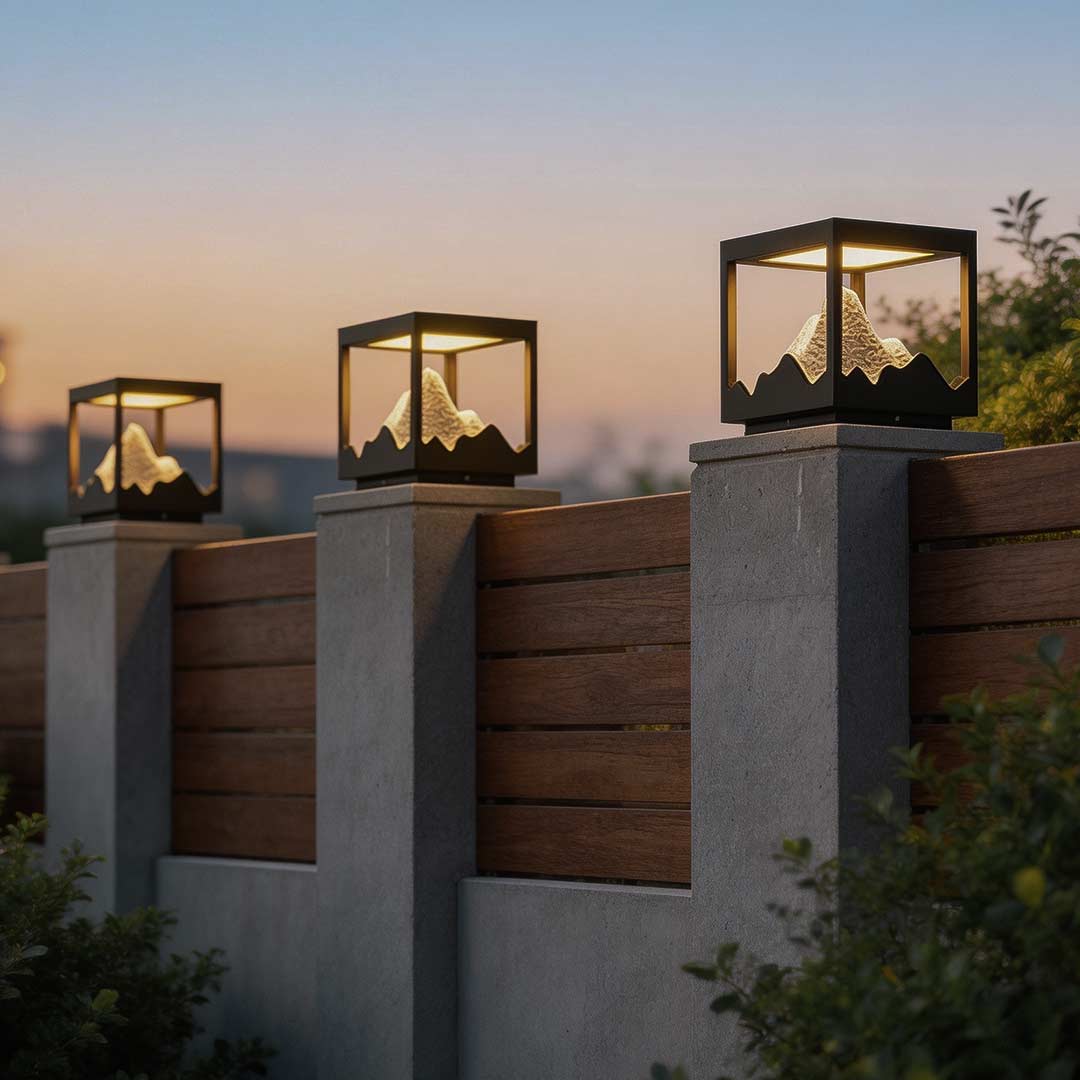 Decorate pillar light enhancing a stylish outdoor staircase with warm ambient light.