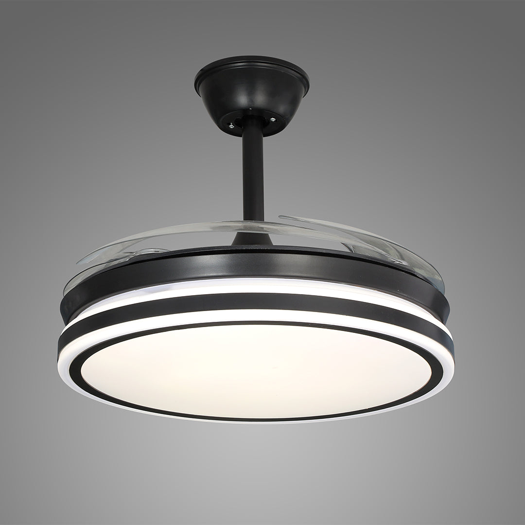 Bottom view of the decorative black ceiling fan with lights with blades retracted 