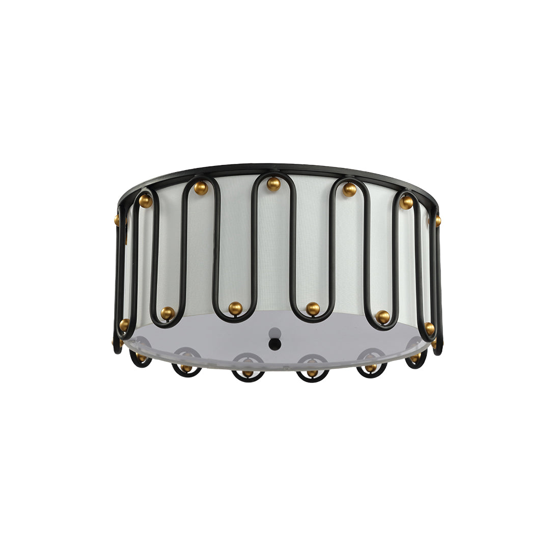 Detailed view of the decorative drum ceiling light flush mount, showcasing the black metal cage and small, gold sphere embellishments.