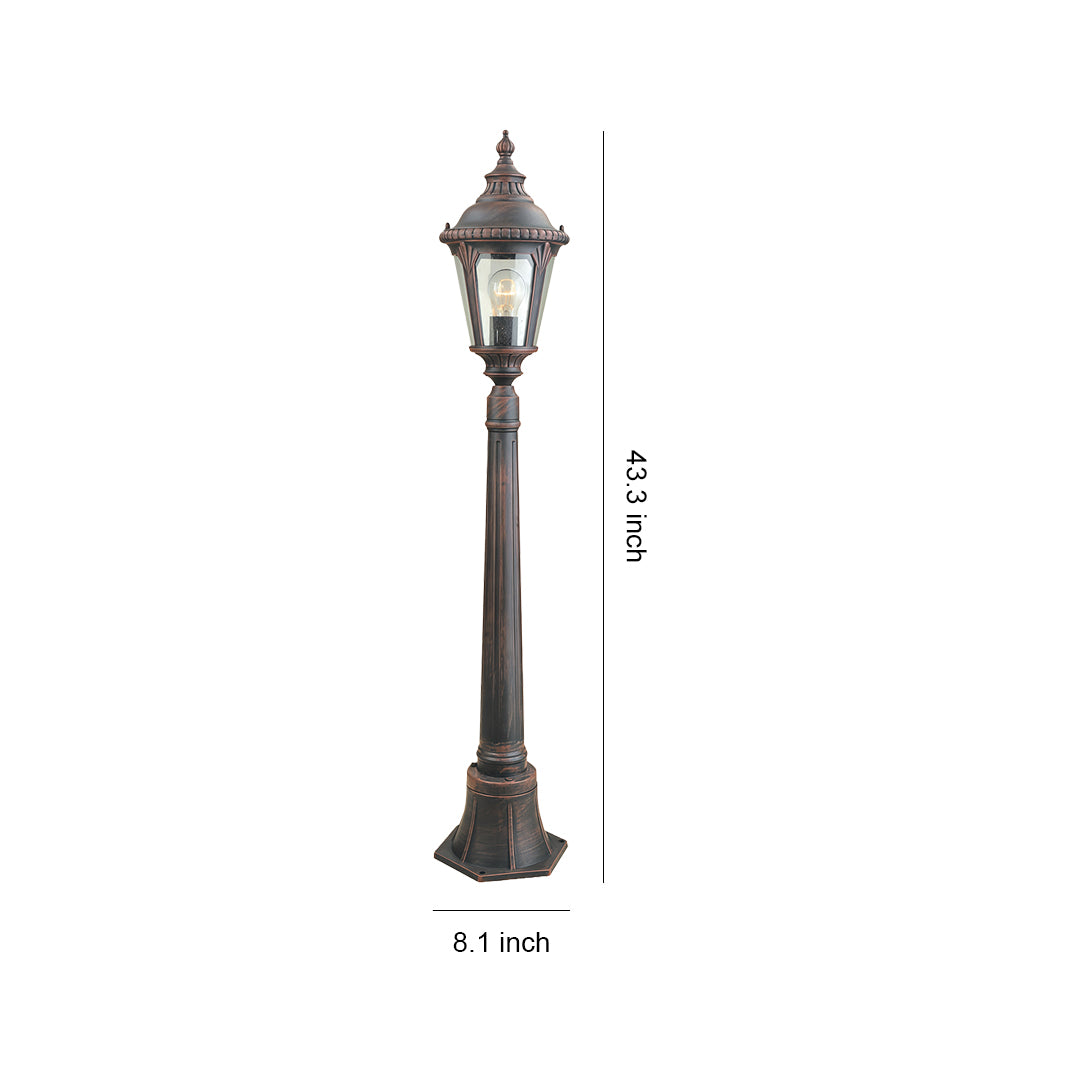 Decorative bollard light with traditional lantern design and tall black post, displayed with height measurement