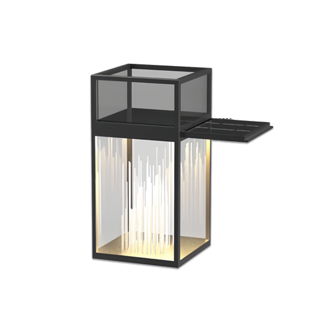 Angular decorative bollards with lights featuring an extended top arm for directional illumination.