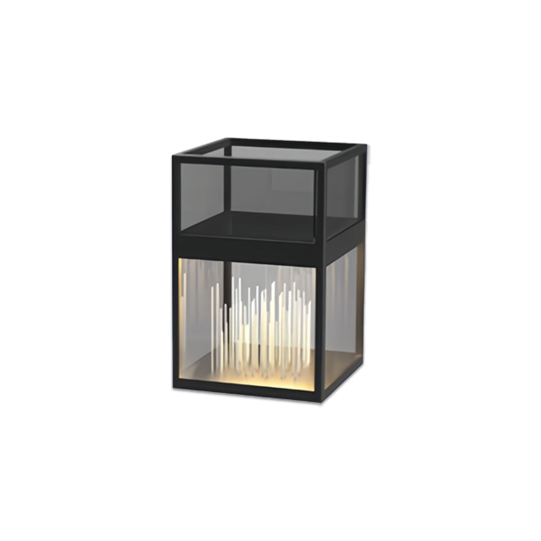 Compact black rectangular decorative bollards with lights featuring a minimalist outdoor design.
