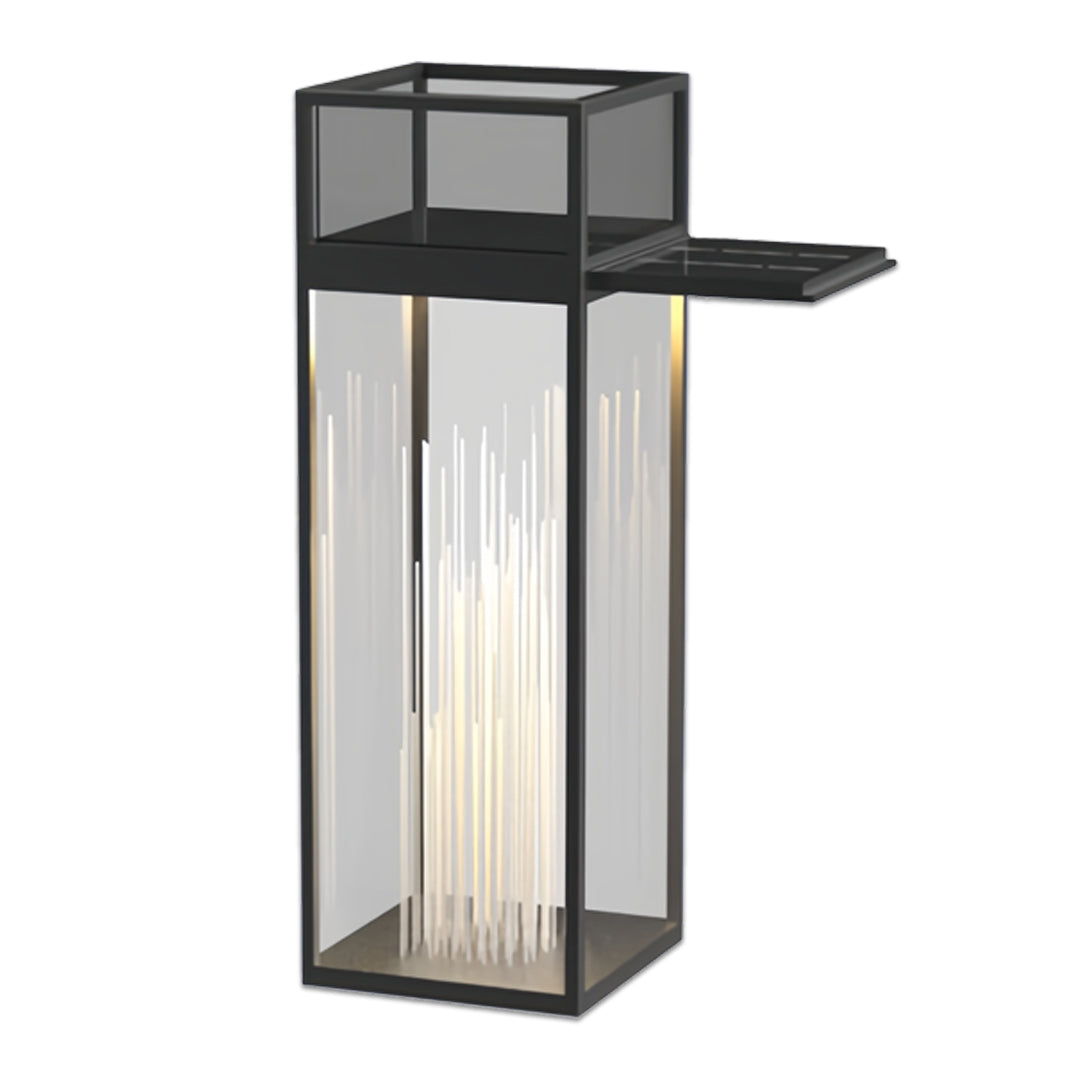 Tall modern decorative bollards with lights featuring elongated glass panels and clean lines.