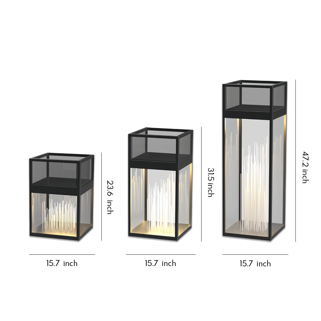 Modern decorative bollards with lights shown in multiple size variations against a clean white background.
