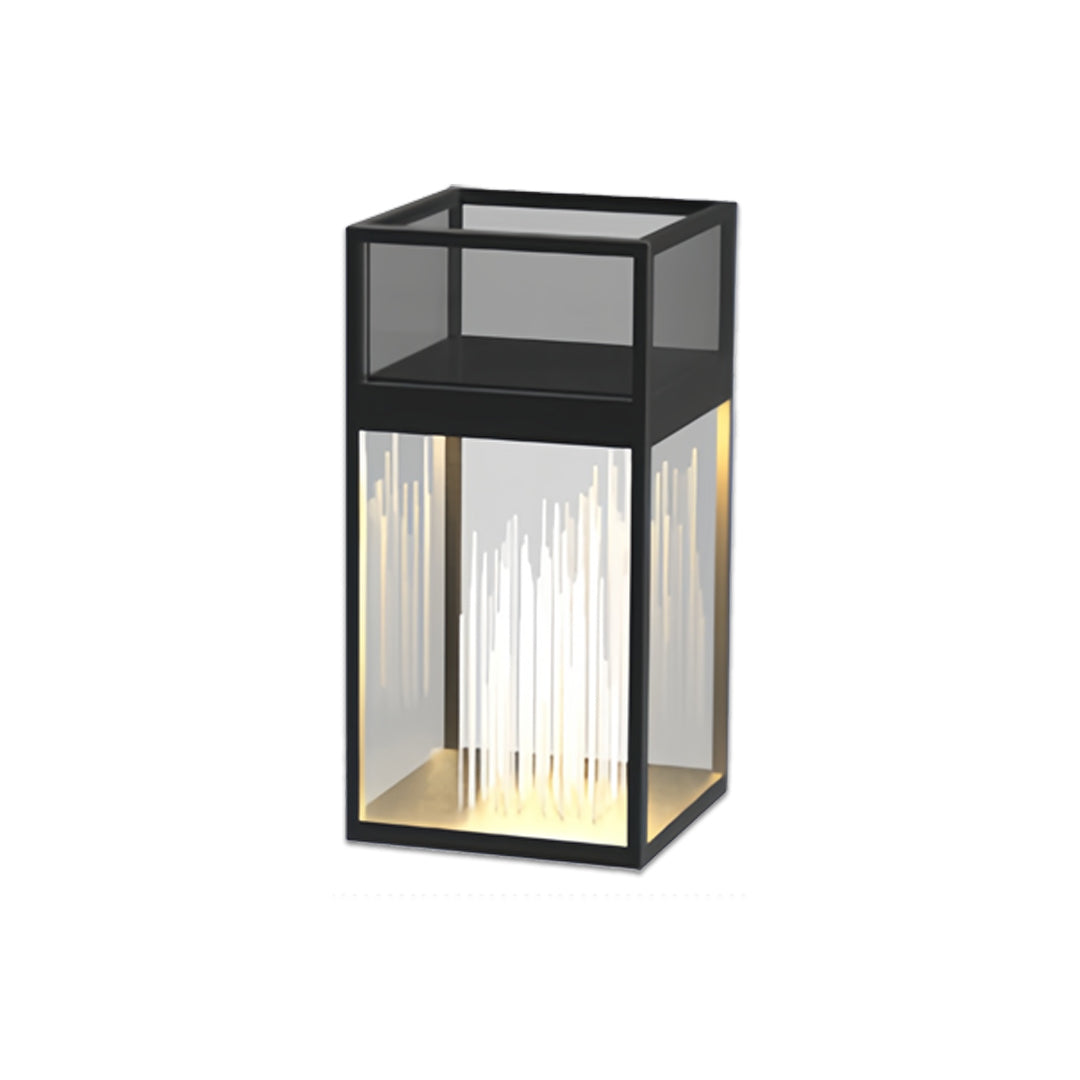 Tall slim rectangular decorative bollards with lights designed for pathways and modern exteriors.