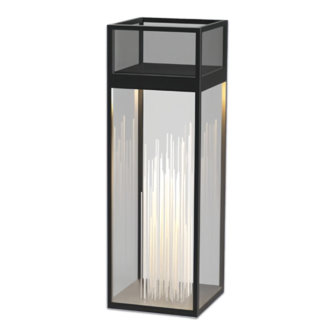 Long vertical decorative bollards with lights featuring transparent panels and sleek metal housing.