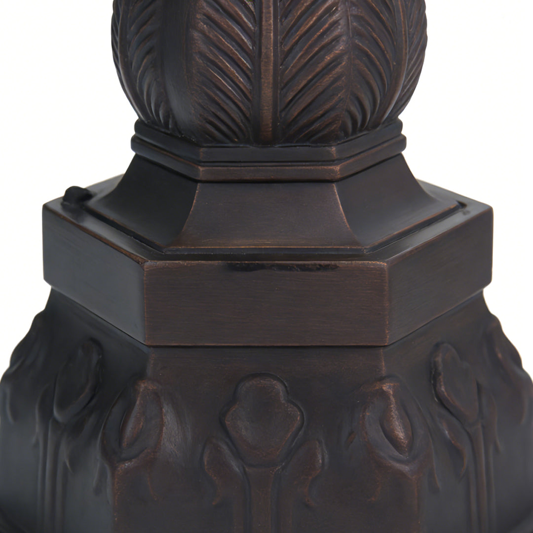 Decorative LED post light featuring intricate bronze base carvings, ideal for elegant outdoor pathway or garden lighting.