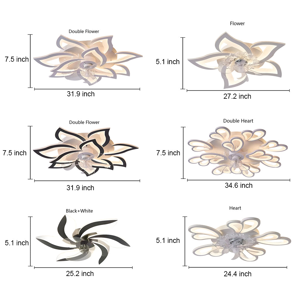 Decorative ceiling fan with lights showing size and dimension details