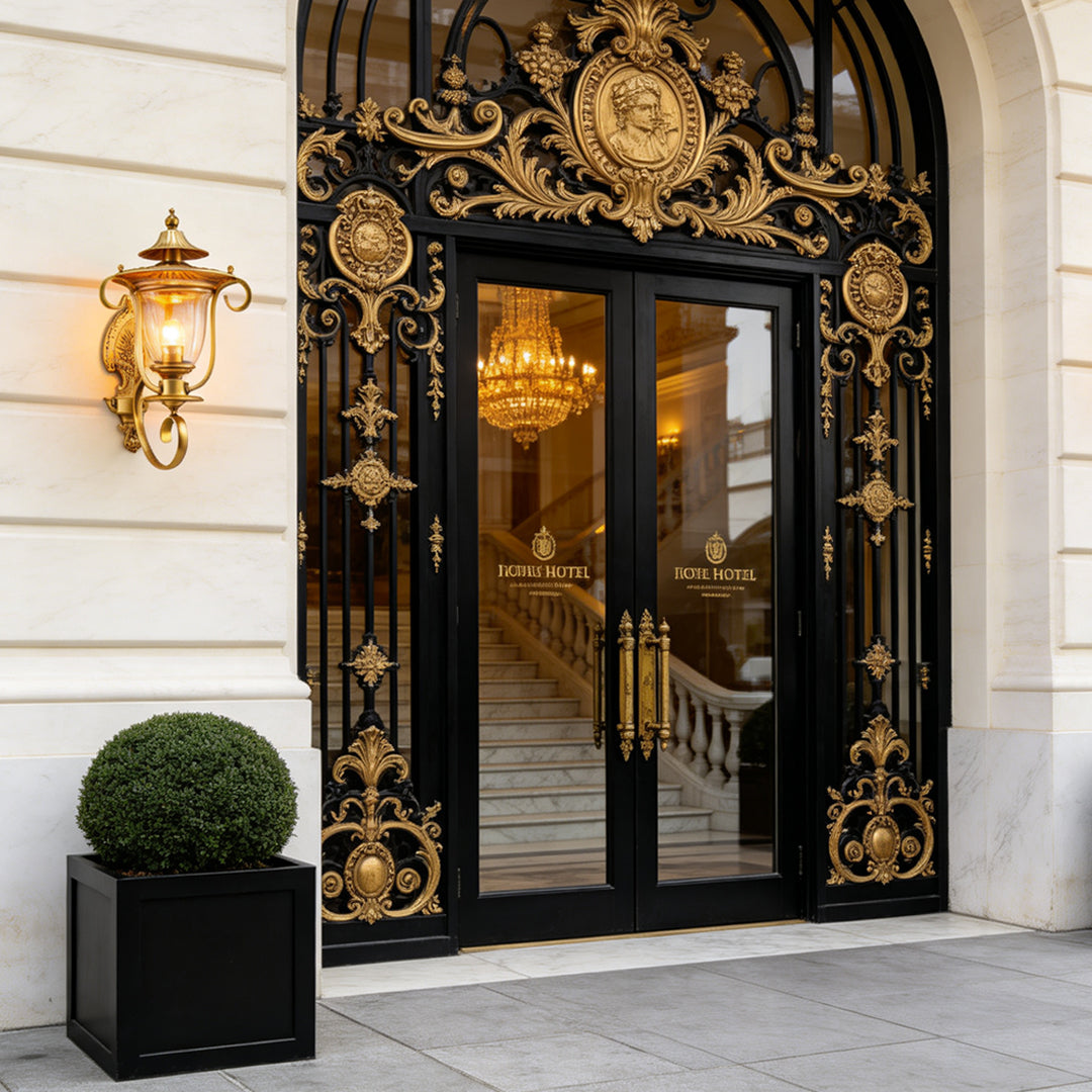 Upscale exterior doorway illuminated by decorative Copper Outdoor Wall Sconces with warm ambient lighting.