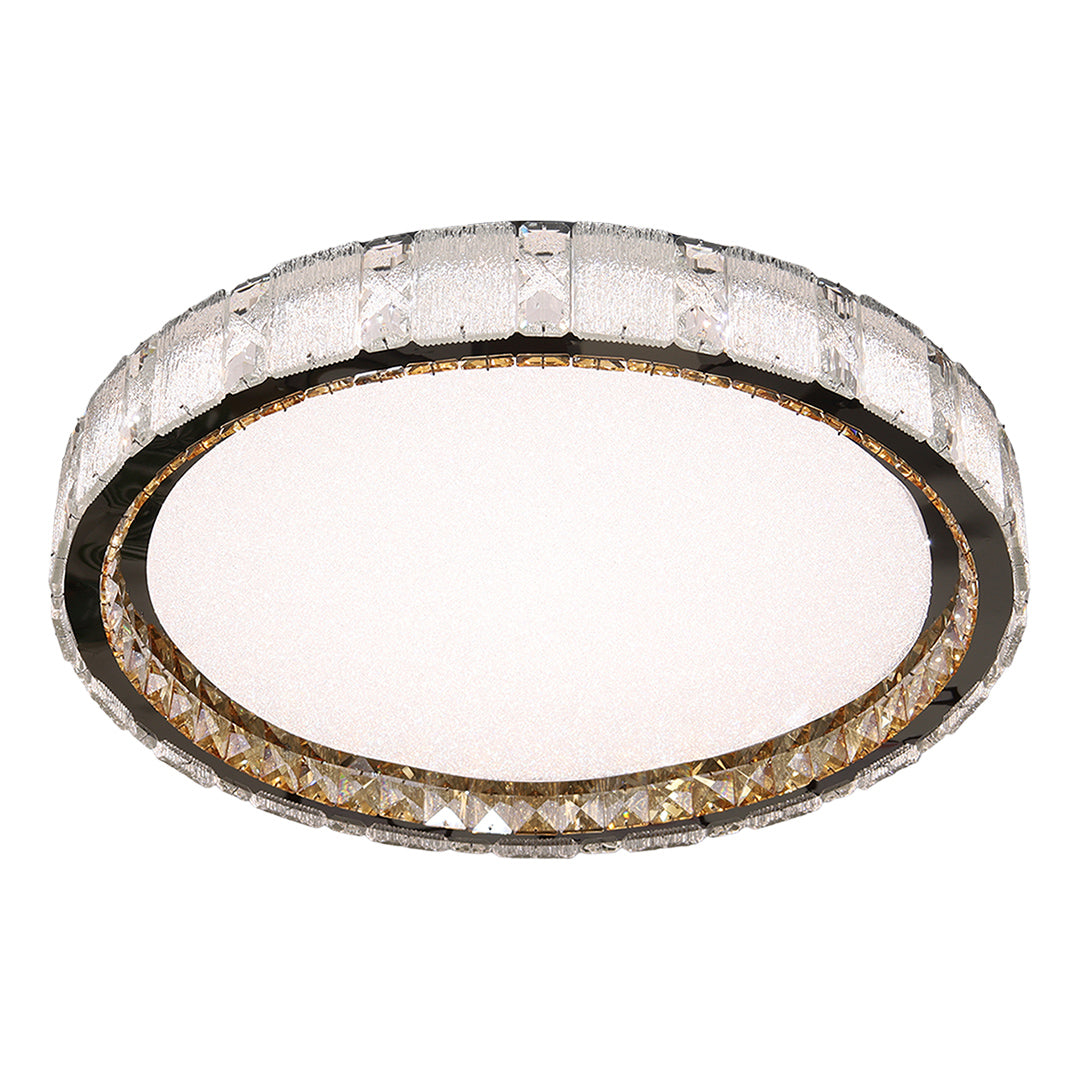 Decorative crystal flush mount ceiling light with textured crystal border creating luxurious lighting effect