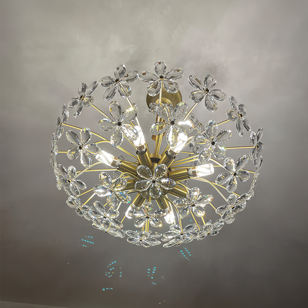 Decorative crystal flower chandelier displaying intricate geometric patterns and sparkle