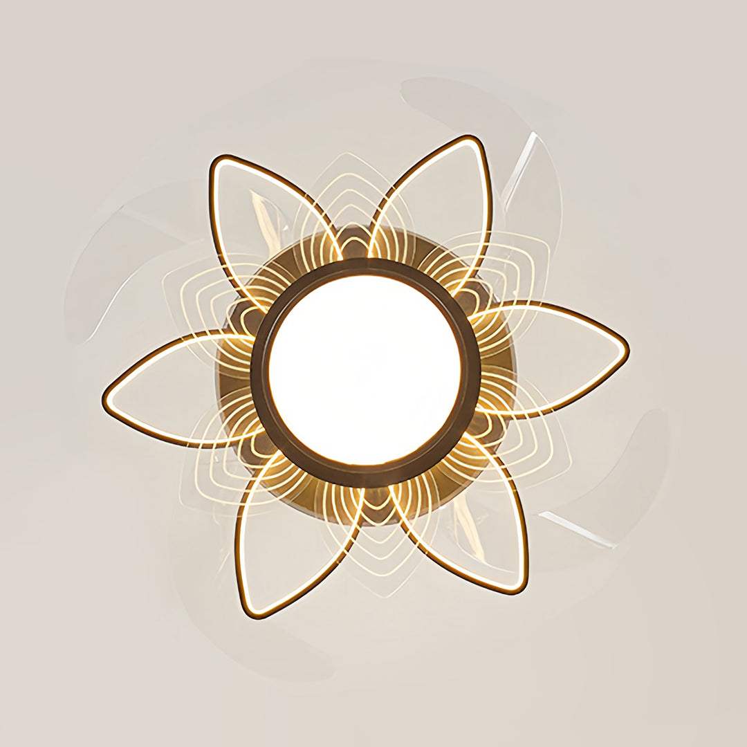 Decorative flower-shaped ceiling fan light with gold finish and transparent petal-like blades