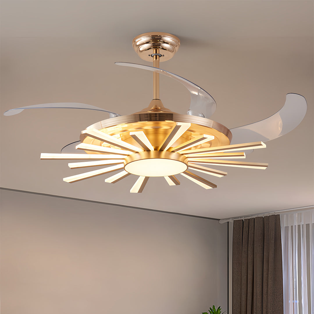 Decorative flower-shaped ceiling fan light with gold finish and transparent petal-like blades