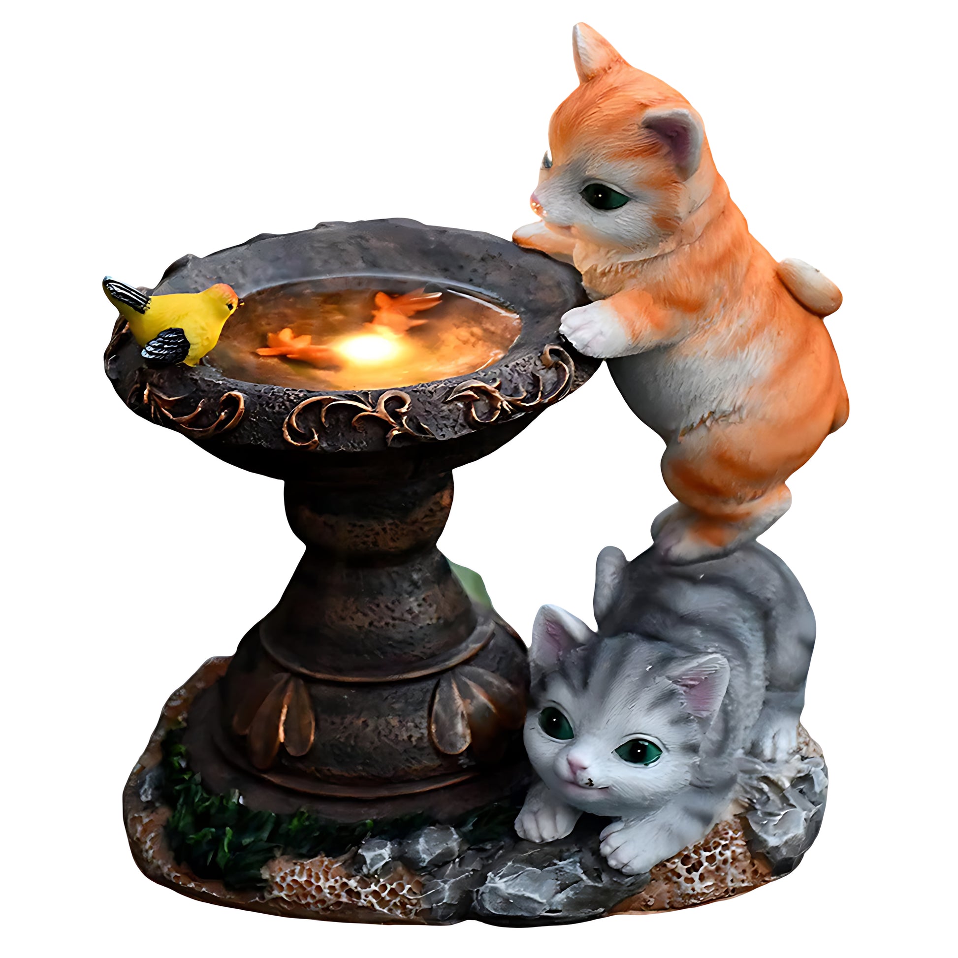 Decorative fountain with orange and gray kittens surrounding illuminated water basin centerpiece