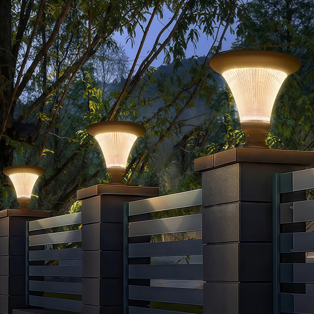 Close-up of decorative garden light pillar with clear lighting design.