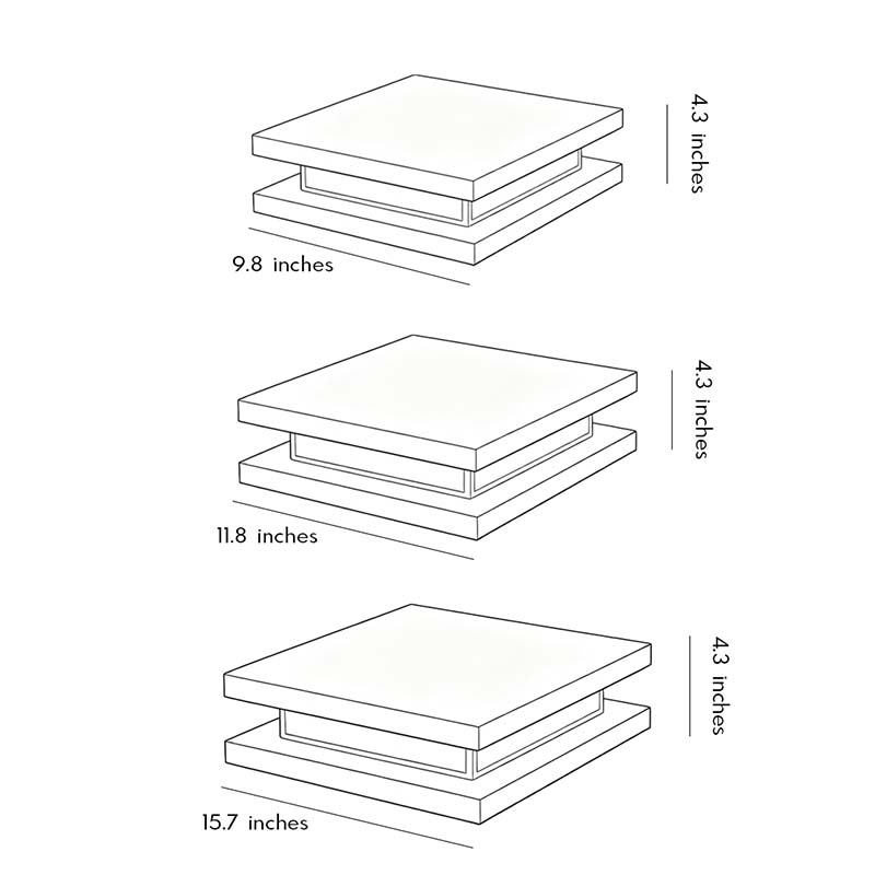 Decorative garden lights dimension drawing showing multiple square outdoor solar light size options.
