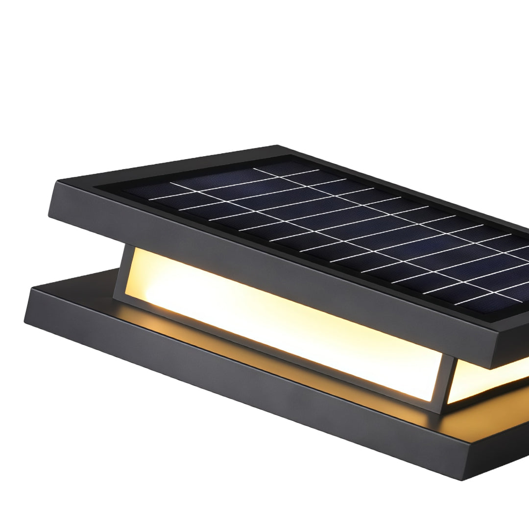 Detailed solar panel texture on decorative garden lights with sleek outdoor waterproof design.