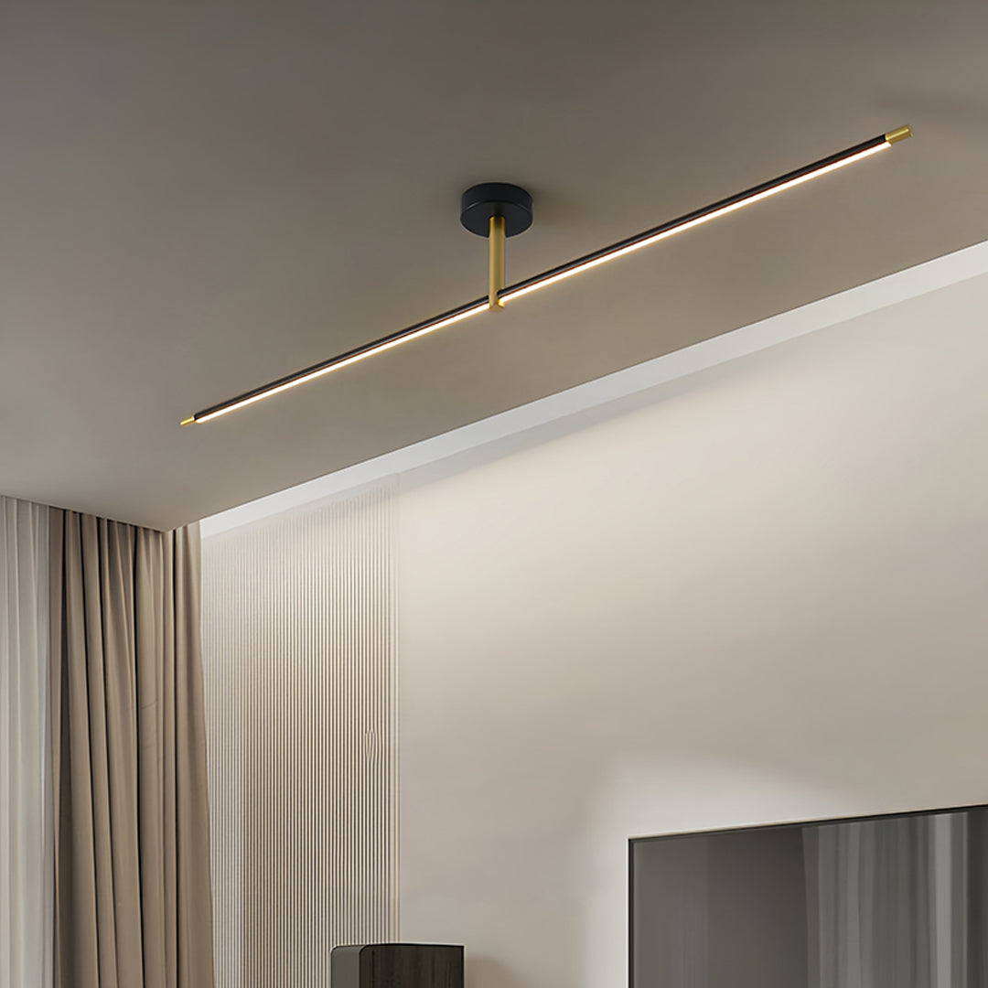 Decorative linear semi flush mount light with golden accents enhancing upscale residential interior design