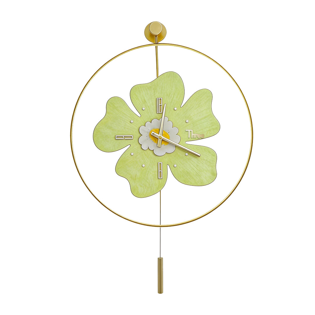 Decorative green petal wall clock with light and modern gold pendulum design.