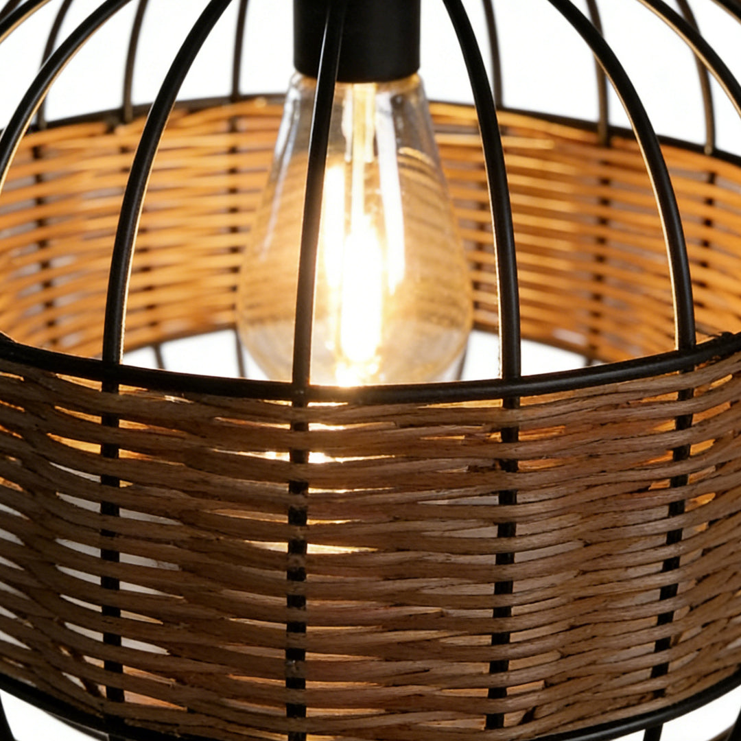 Decorative hanging solar lantern with a close-up of the light bulb and wicker pattern.