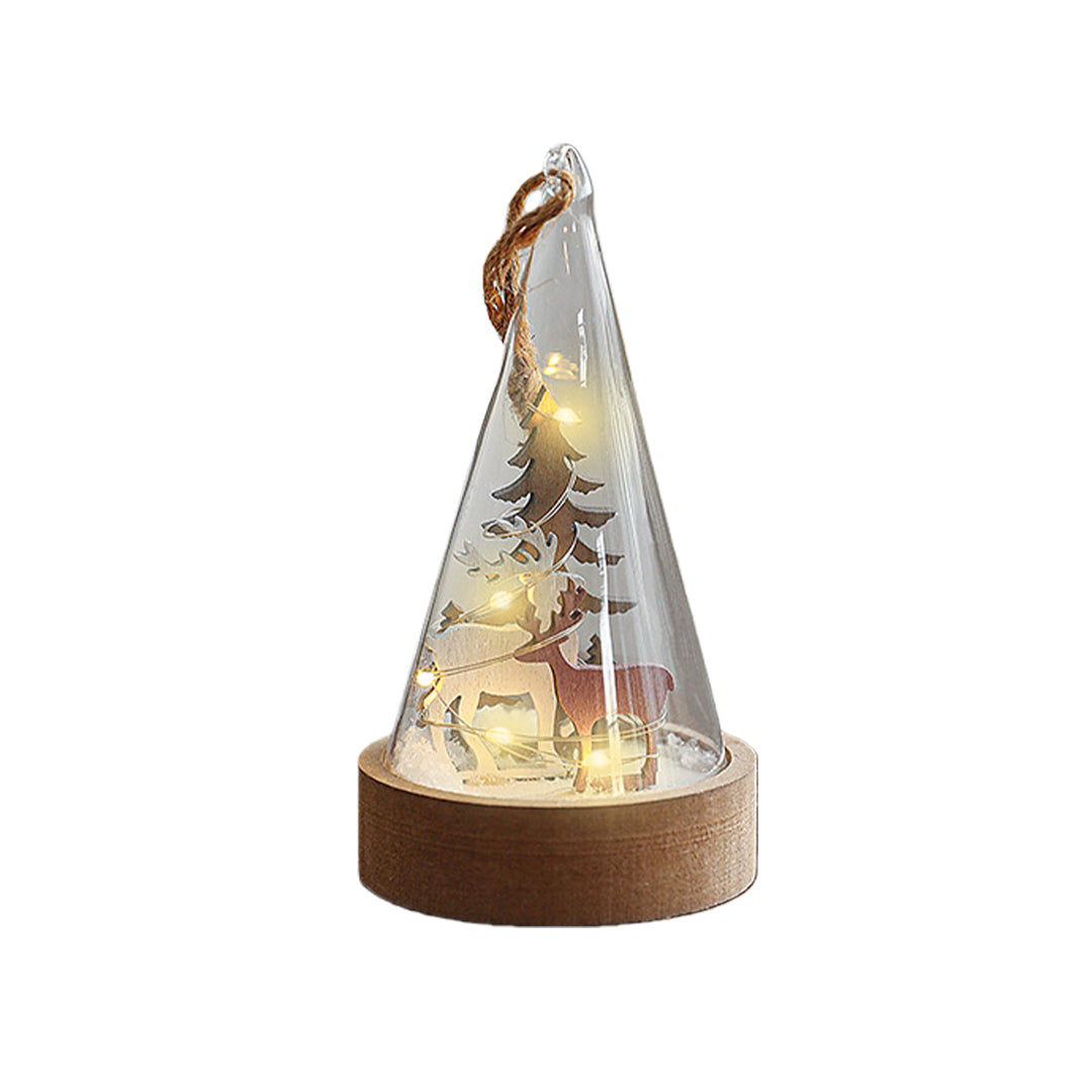 Cone-shaped decorative led table lamp with wooden base featuring illuminated Christmas tree and winter village scene