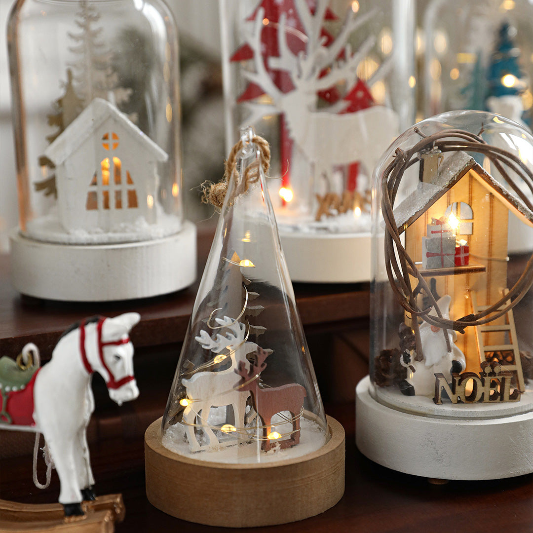 Set of decorative led table lamp pieces with illuminated miniature buildings and winter woodland diorama elements