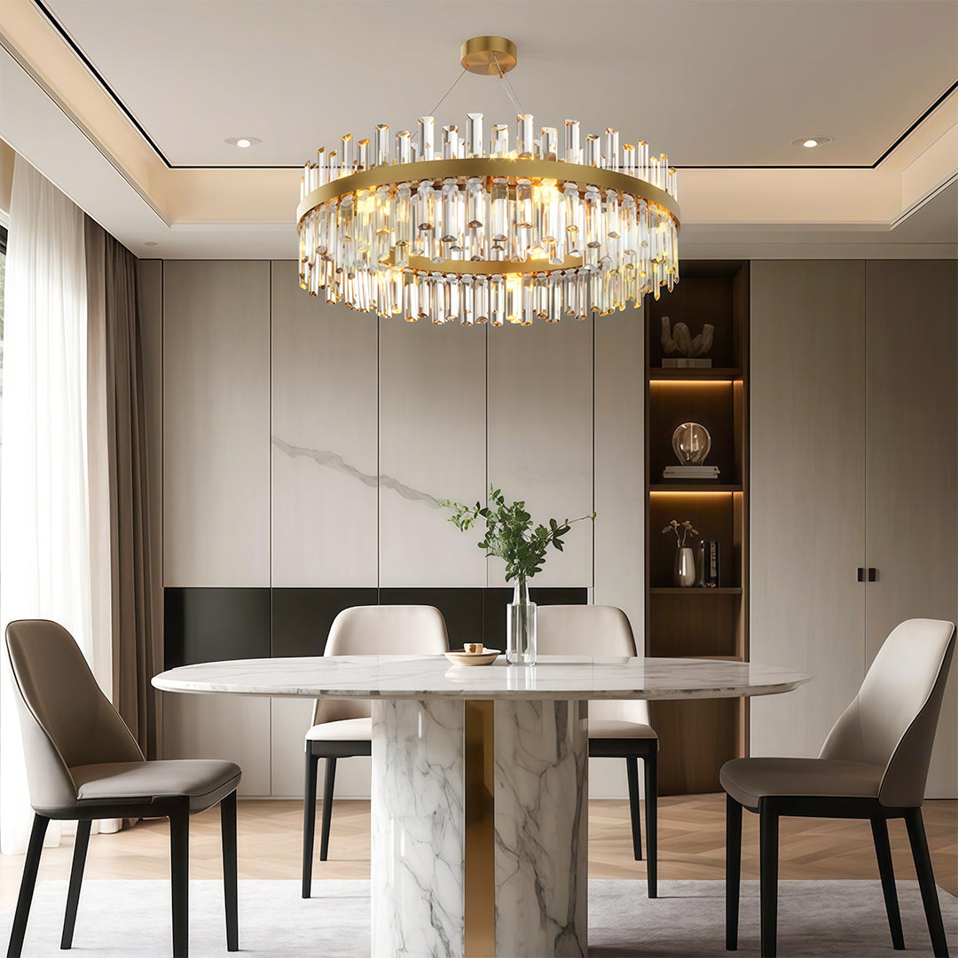 Modern luxury crystal chandelier enhancing contemporary dining area with open shelving and modern seating.