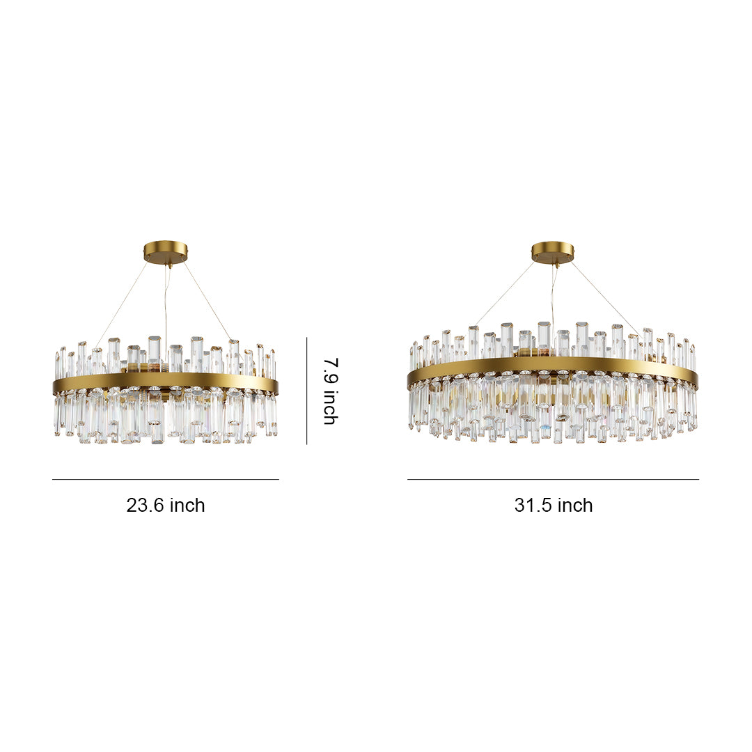 Decorative luxury crystal chandelier specification diagram showing two size options with dimensions.